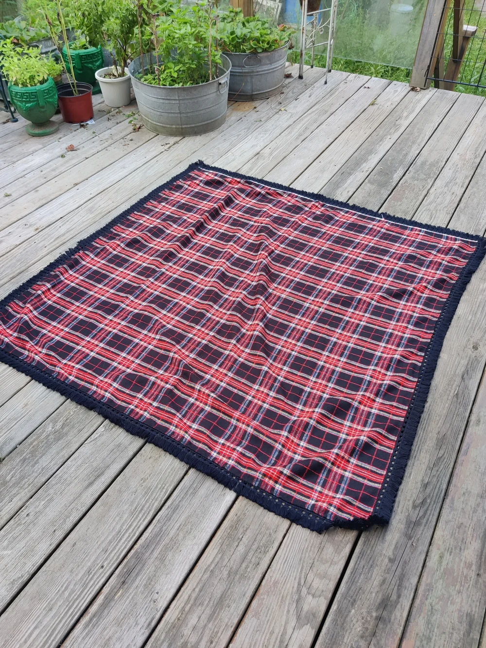 Vintage Plaid Tartan Tablecloth Throw Wool Fringe Square 56x56 Christmas Winter